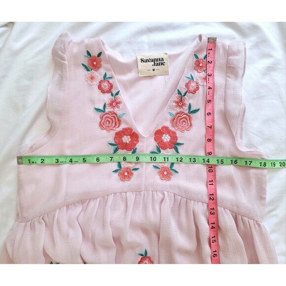 Savanna Jane Embroidered Floral Babydoll Dress Pink V Neck Sleeveless SZ Medium - Picture 5 of 7